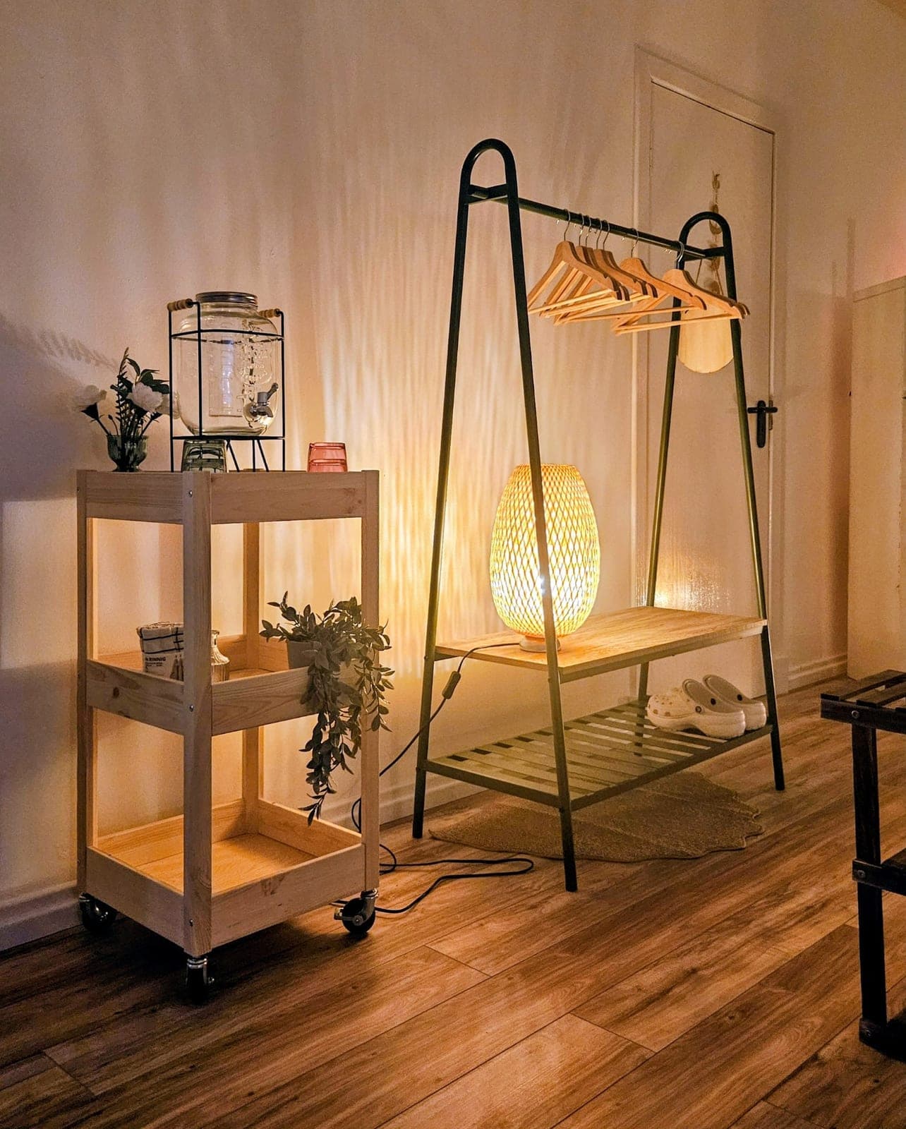 Water, coat rail and lamp for clients inside The Reset Room Glasgow